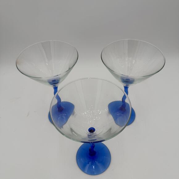 Libbey Martini Glasses in Courbe Pattern Blue Stem Set of 3 - Picture 4 of 8